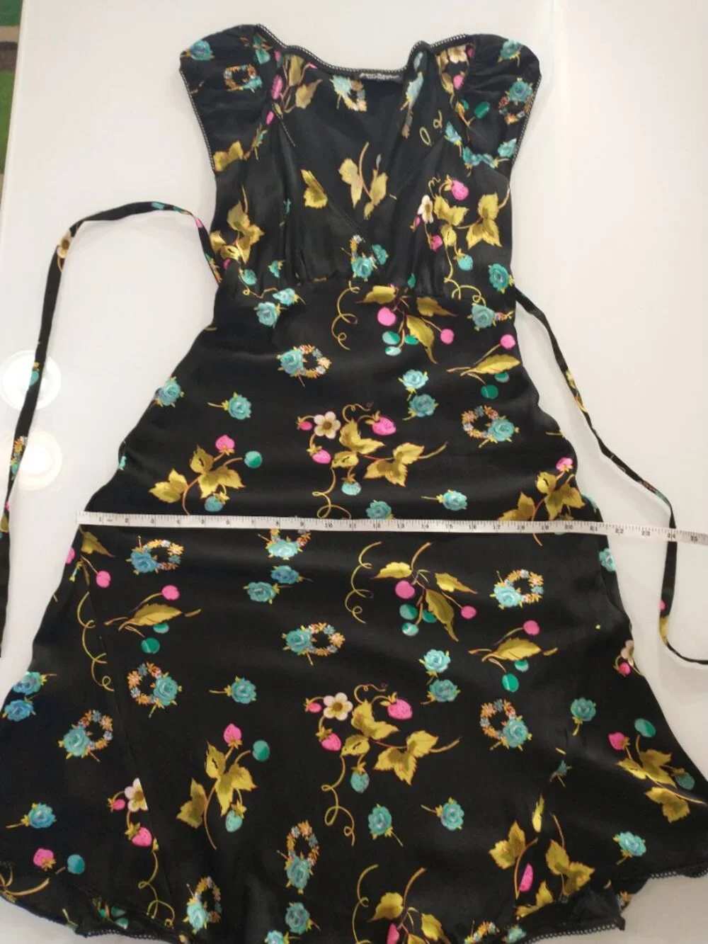 VTG 90s Betsey Johnson Black Silk Cherry Strawberry Floral Fruit Slip Midi Dress